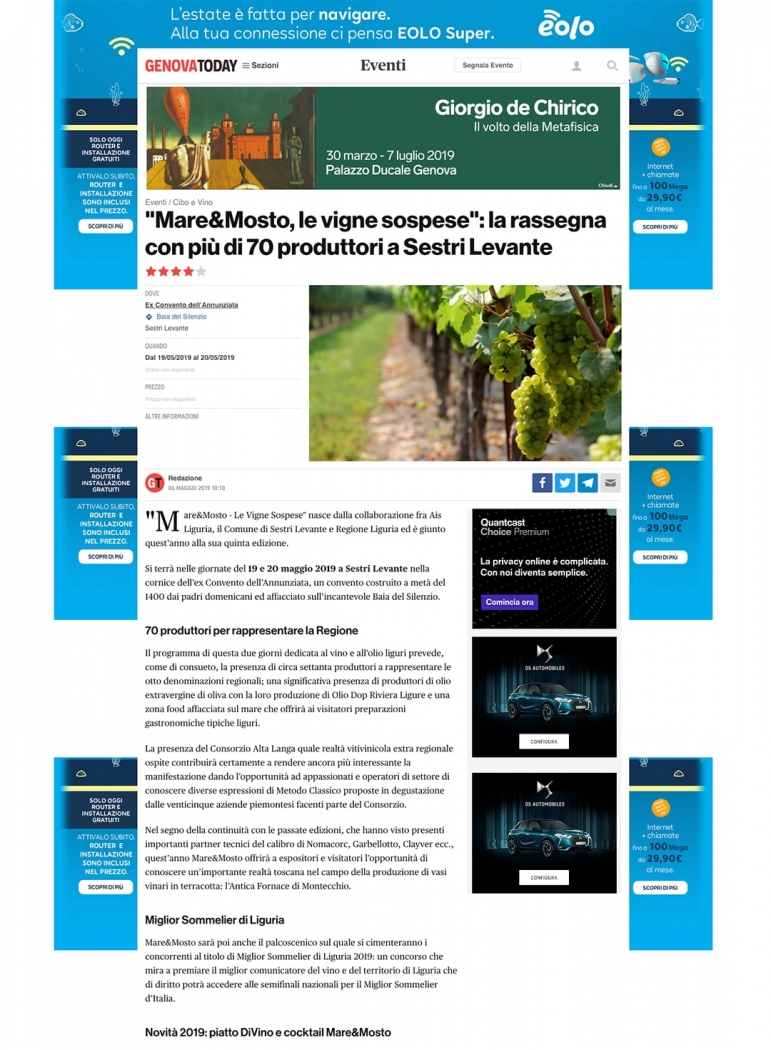 Mare&Mosto, le vigne sospese: la rassegna con più di 70 produttori a Sestri Levante