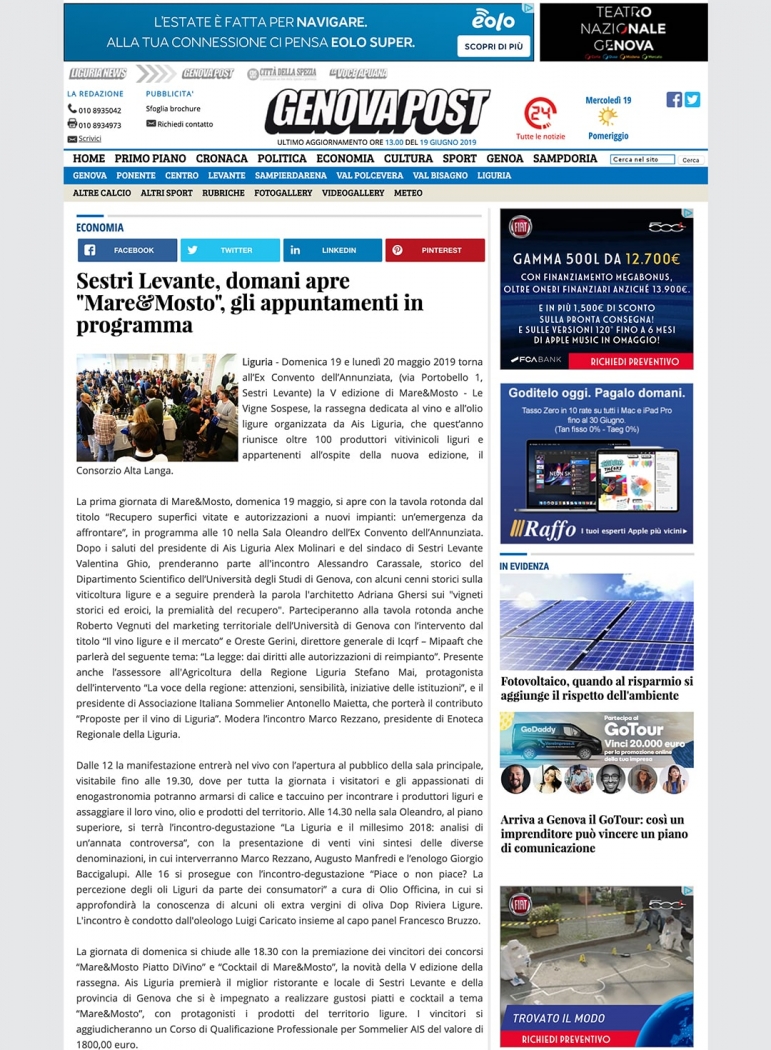 Sestri Levante, domani apre "Mare&Mosto", gli appuntamenti in programma